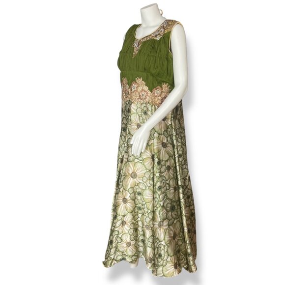 Indian Dress Rhinestones Floral Size XL Green Ruched Top Maxi Floral Embellished - Picture 2 of 14